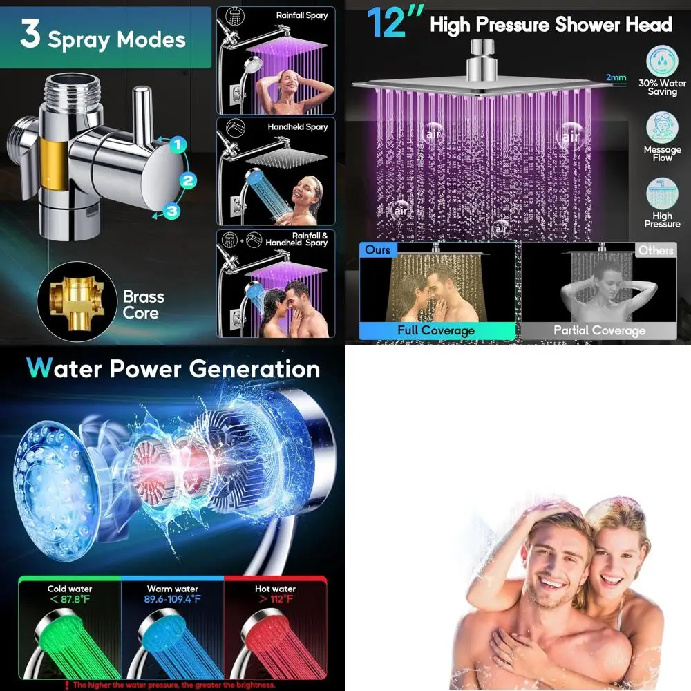 

Изменение цвета 12-светодиодная насадка для душа с дождевой насадкой, высоким давлением, хромированной отделкой, шлангом 60, гибким рычагом