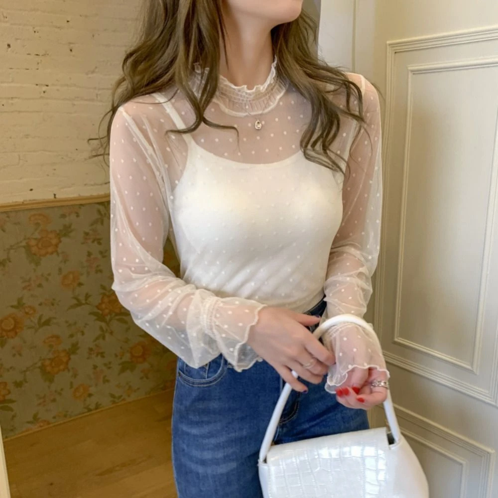 Half High Collar Lace Flower Top Dot Blouse Transparent Pullover Top See Through Streetwear Long Sleeved Mesh T-Shirts Girl