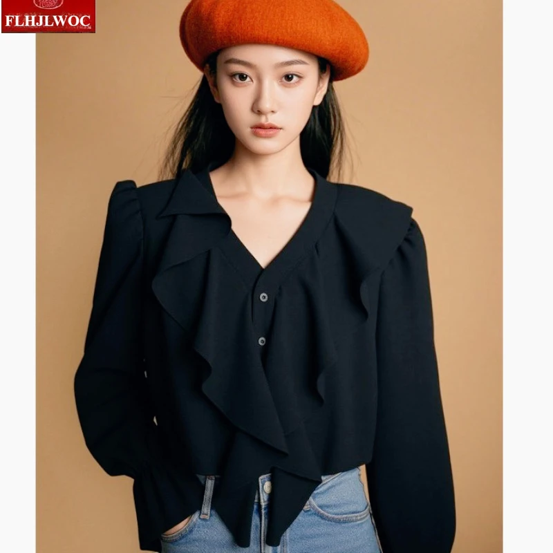 

Женские корейские шикарные короткие укороченные топы с оборками, Blusas, женские элегантные базовые топы с длинным рукавом, офисная женская рабочая однотонная белая рубашка, блузки