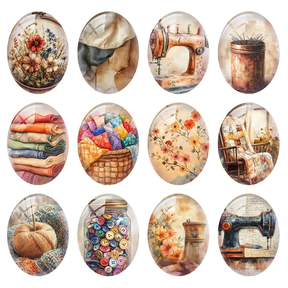 Random Mixed Round/Oval/Square Vintage Sewing Craft Fabric Photo Glass Cabochon Flatback Demo Cameo For Diy Jewelry Making