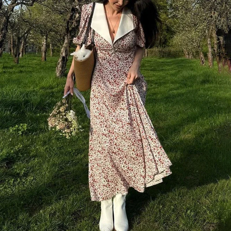 

Tuularose Printed Puff Sleeve Dress Summer Fashion Contrast V-Neck High Waist Printed Dress Casual Vacation Elegant Women Dress
