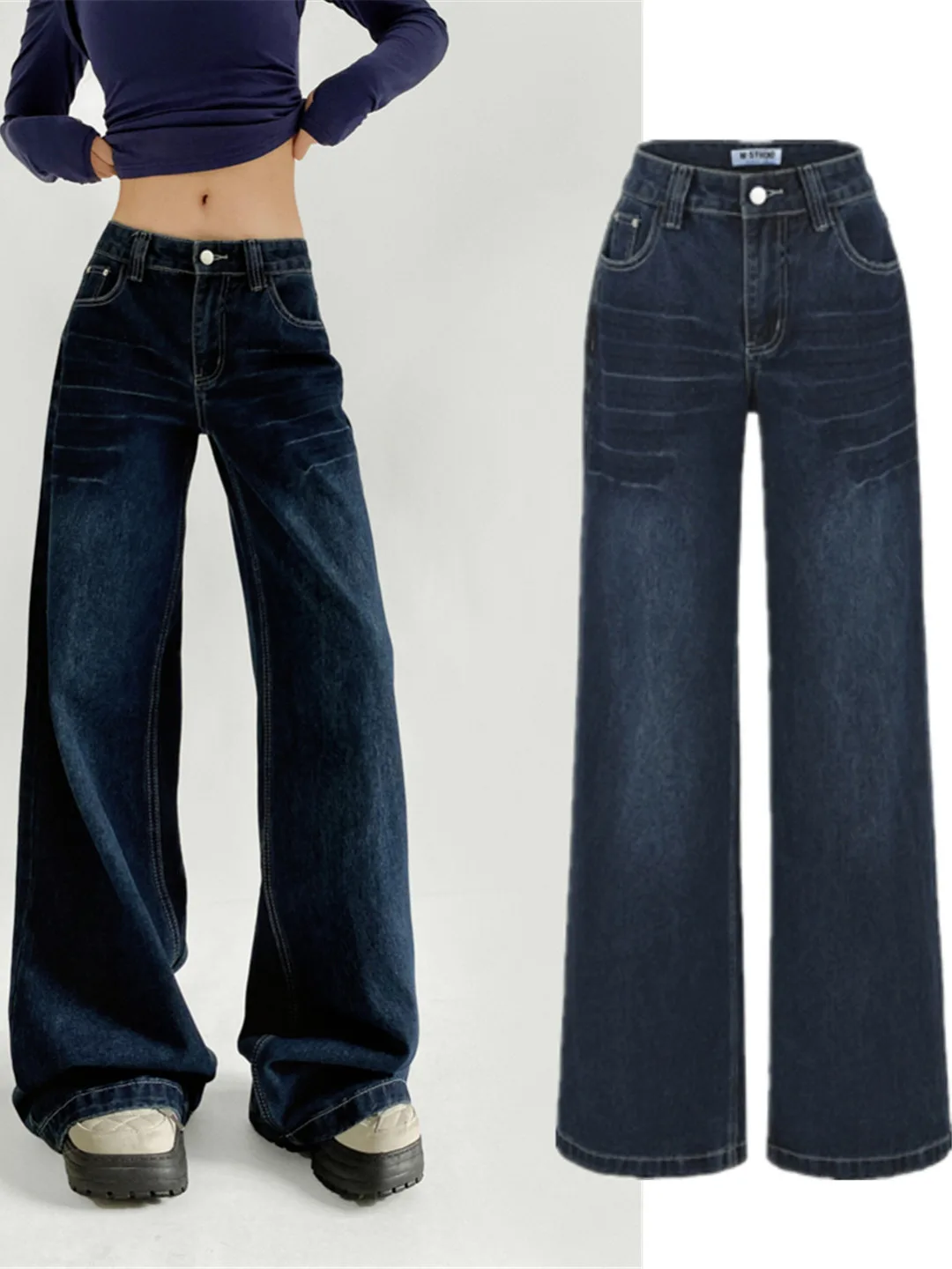 

Свободные прямые джинсы с высокой посадкой в стиле ретро в американском стиле, темно-синие сексуальные длинные брюки для девочек с широкими штанинами для похудения
