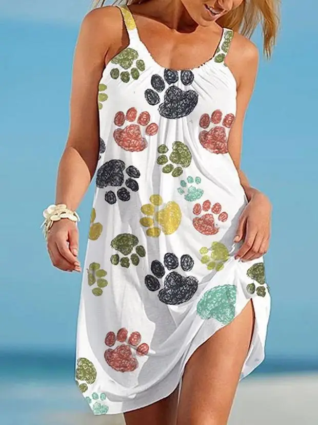 Summer New Fashion Dog Paw 3D Print Beach Dress Women's Sleeveless Slip Dresses Boho Streetwear Beachwear Woman Girl Party Dress