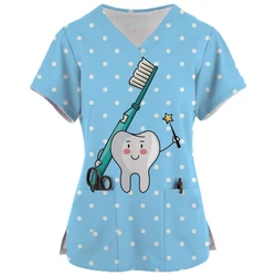 Toothbrush printing Y2k Top for Women Nurse Uniform Cute Clothes Pocket T-shirt Female Short Sleeve Tshirt Fashion Nurse Uniform