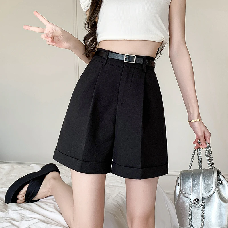 Seoulish High Waist Wide Leg Shorts 2024 New Elegant Office Lady Style Casual Solid Color Pockets Minimalism Short Pants Female