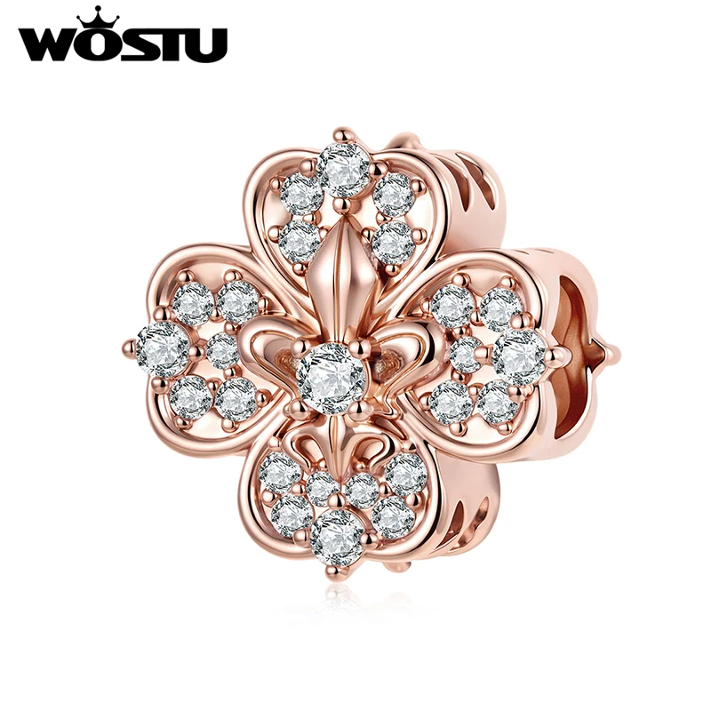WOSTU DIY Gift Rose Gold Plated Lucky Clover Charms Fit Original Bracelet Neckalce Wholesale, Zircon Iris Flower Original Beads