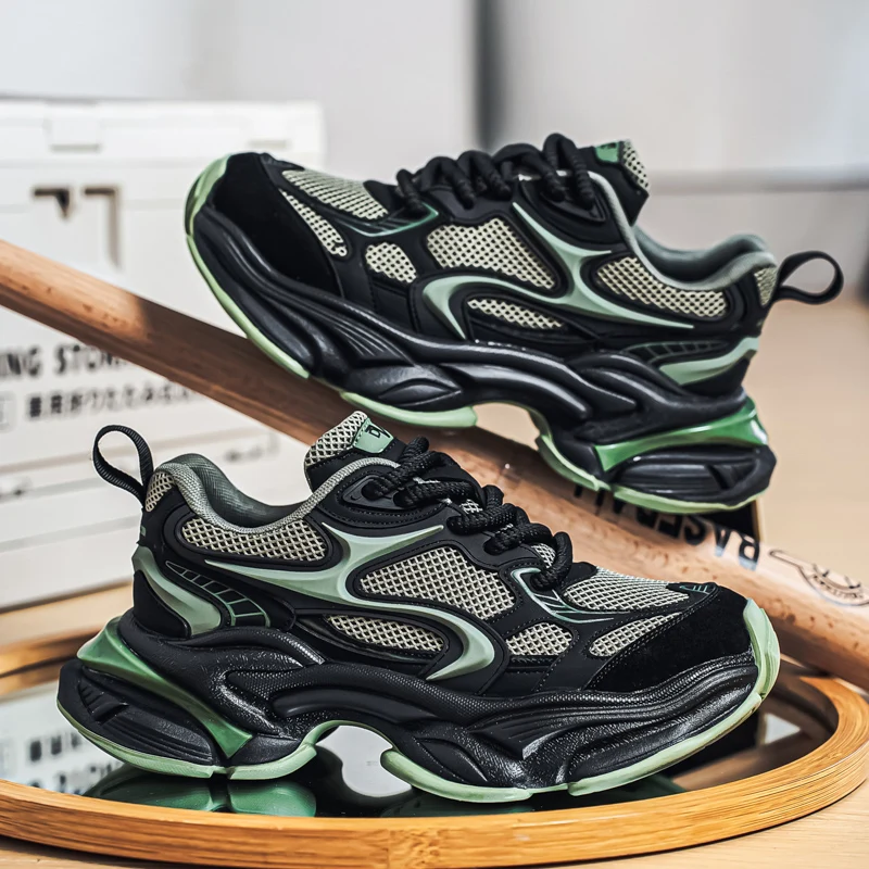Men's Dad Shoes, Large Mesh Breathable Upper, Thick Jute Laces, Color-Blocking Thick Sole, Height-Increasing and Non-Slip, Retro Trendy Style, Multiple Color Options Available, Versatile Casual Sports Shoes for Daily Commuting and Street Wear