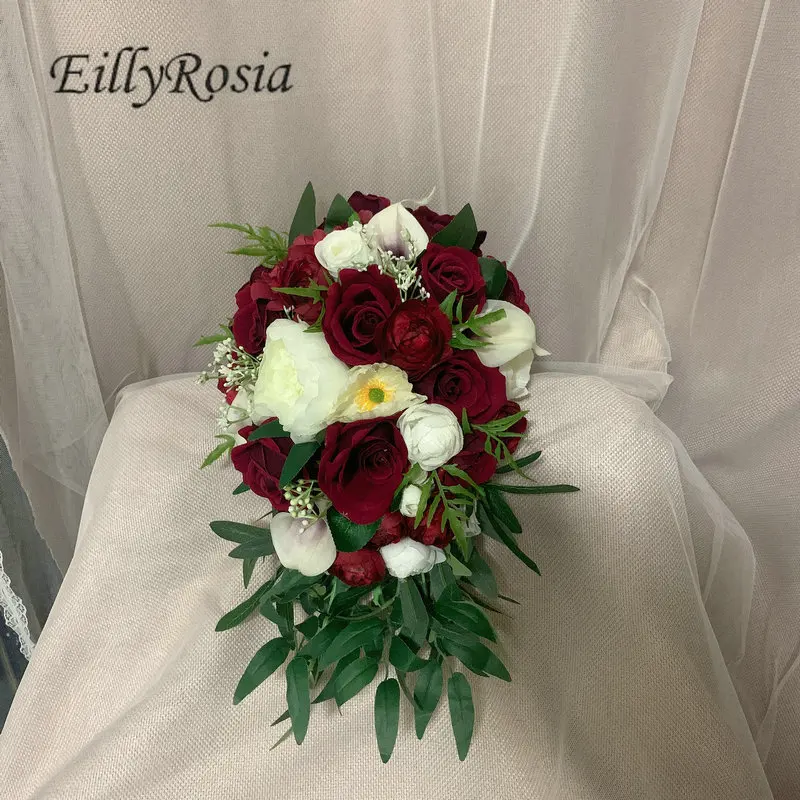 EillyRosia Burgundy Bridal Bouquet Wedding Flowers Peony Teardrop Cascading Wedding Bouquet for the Bride Artificial Flowers