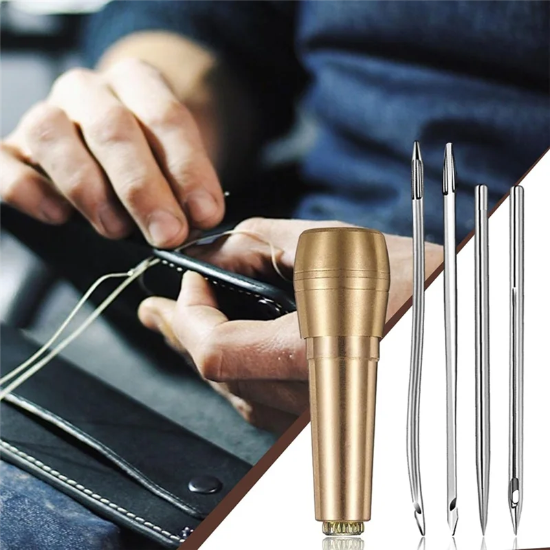 J1UL1N Sewing Awl Needles, 52Pcs Leather Sewing Kit 36Pcs Straight Needle + 12Pcs Curved Crochet Needle + 4Pcs Copper Handle