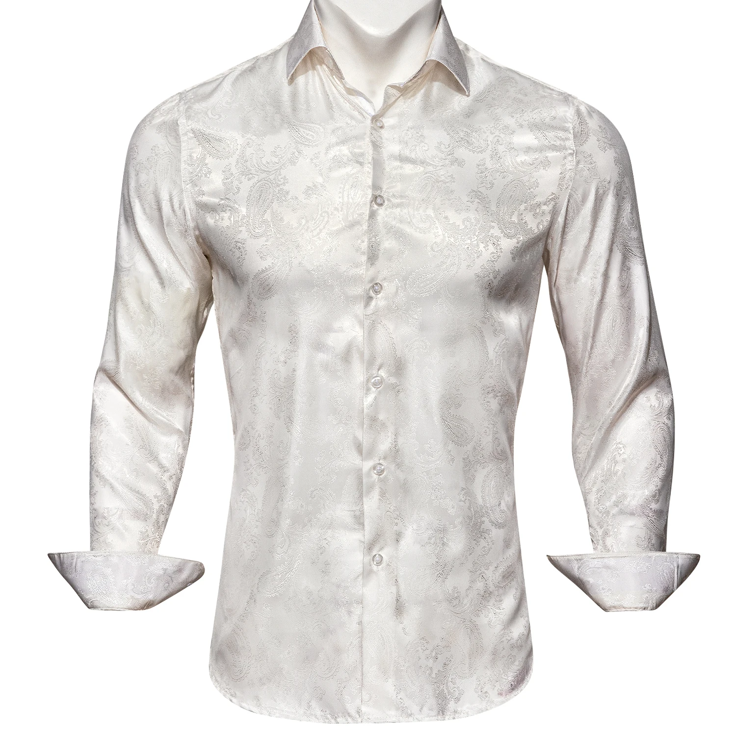 Barry.Wang Luxury White Paisley Silk Shirts Men Long Sleeve Casual Flower Shirts For Men Designer Fit Dress Shirt BY-0075