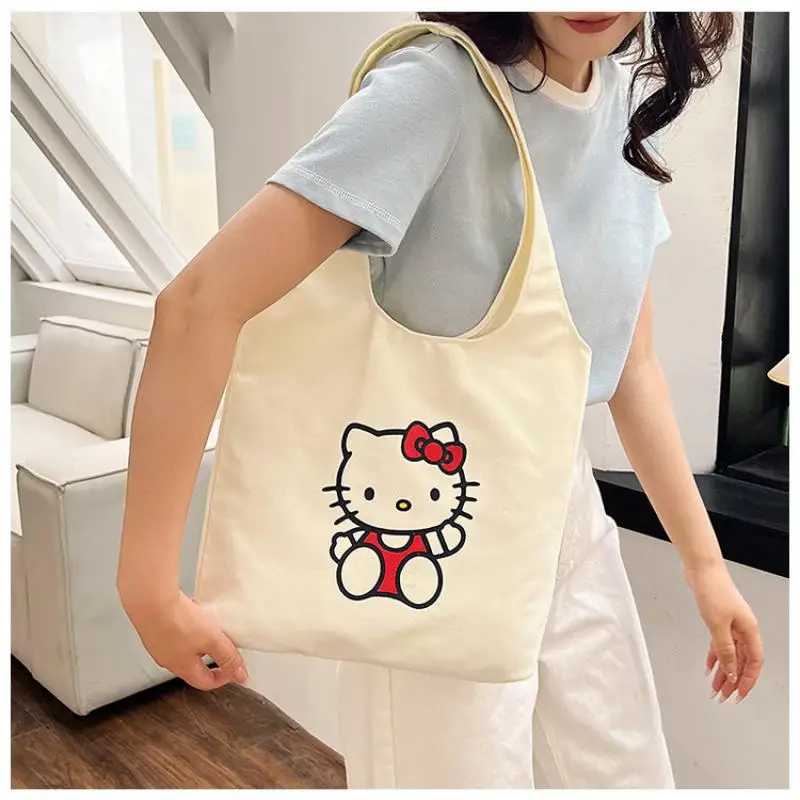 New Sanrio Hello Kitty Canvas Bag Anime Y2K Girls Handheld Shoulder Bag Cartoon Kawaii Fashion Large Capacity Student Study Bag