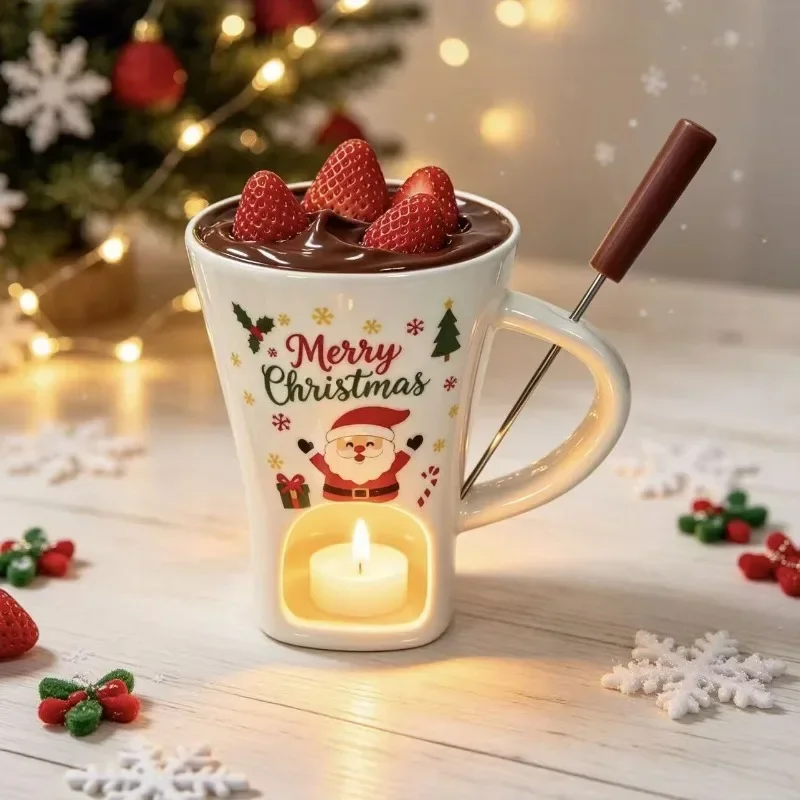 150ML Christmas Ceramic Mug Chocolate Melting Stove with Fork Heating Cheese Hotpot Cup Couple's Christmas Gift