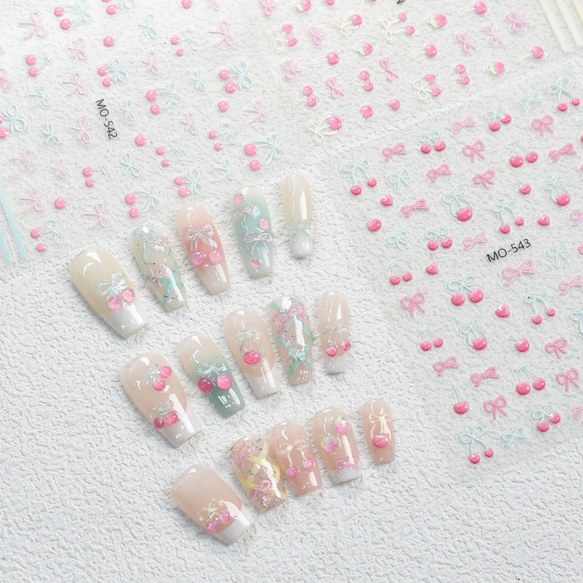 1 stks 3D Mint Cherry Strik Verse Jelly Nail Charm Stickers Reliëf Slider Decals Zomer Zelfklevende Manicure Decoratie
