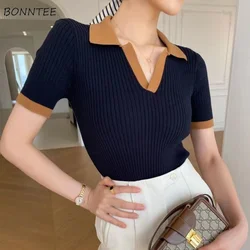 Vintage Panelled Knitted T-shirts Women V-neck French Style Slim Summer New Literary Fashion All-match Mature Elegant Ulzzang