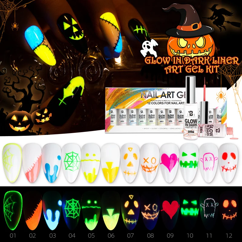 

BOZLIN 8ML Luminous Neon Colors Glow In Dark Line Gel Kit Soak Off UV/LED Nail Gel Varnish 12 Colors Halloween Naill Art Gel Set