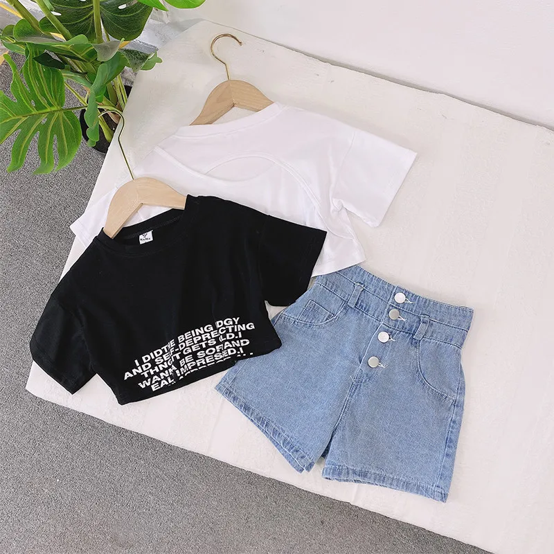 New Fashion Girls Summer Outfit Set Older Kids Short Sleeve Crop Top Denim Shorts 2-Piece Clothing Children Clothing
