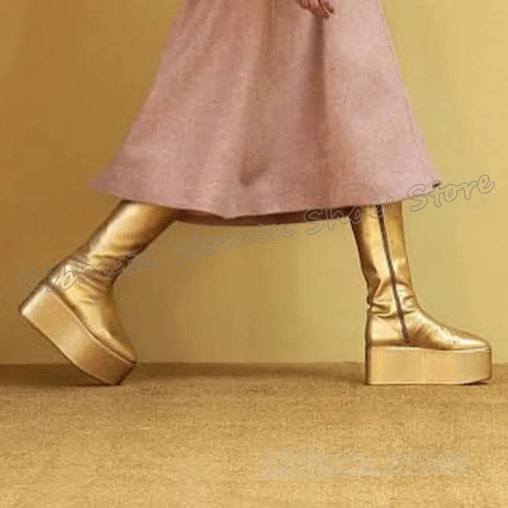 

Ботинки, увеличивающие рост, до колена, на платформе, с круглым носком, кожаные однотонные модные роскошные элегантные лаконичные пикантные туфли, новинка