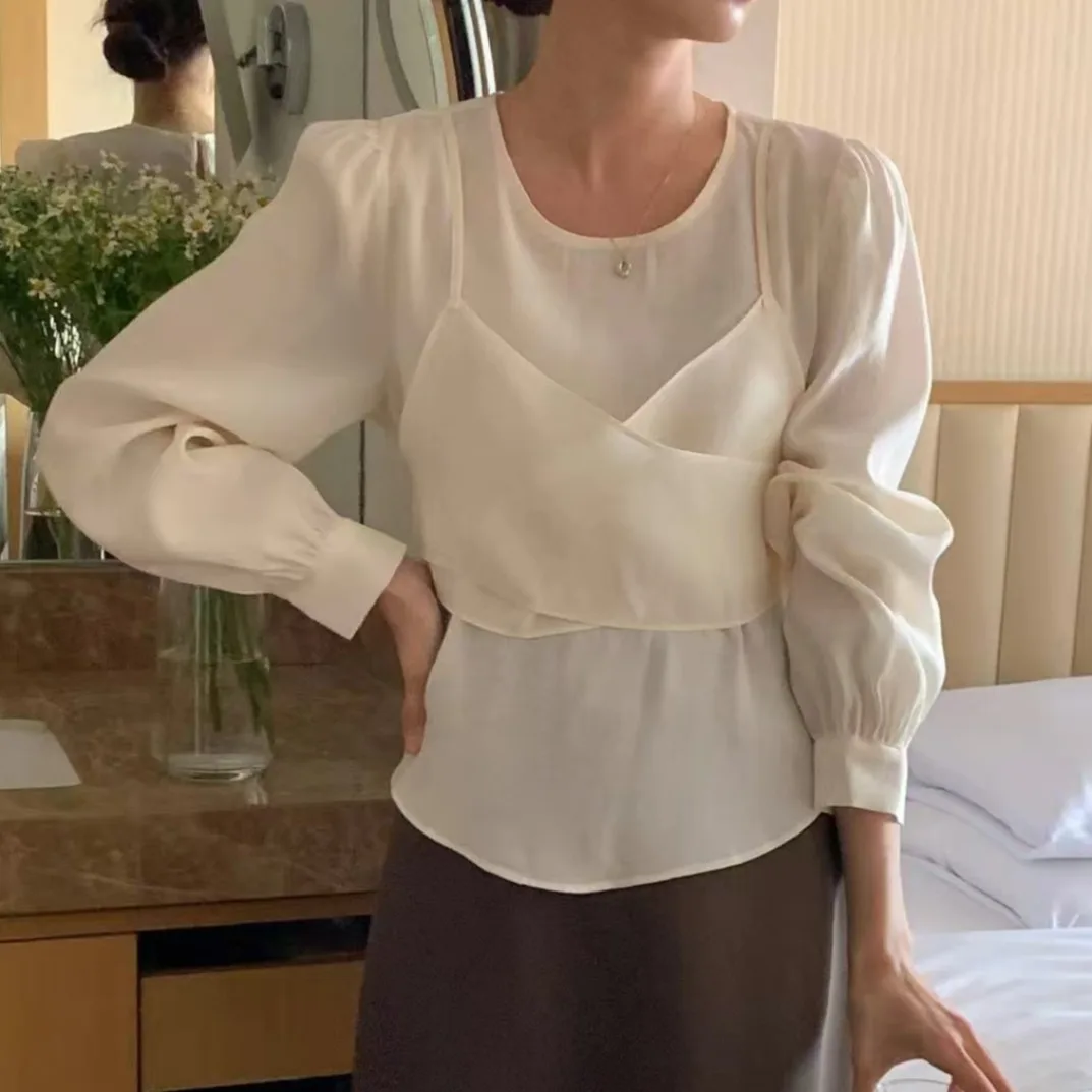 

Стильный весенний топ с перекрестными бретелями, имитацией двухслойности, приталенный, с рукавами-фонариками, женский, свободного кроя