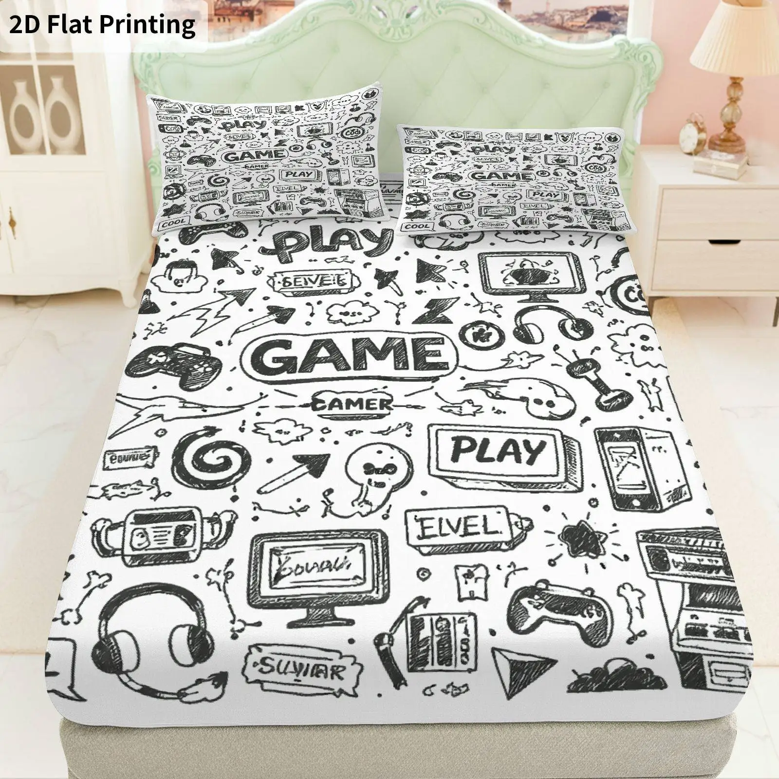 3-Piece Mattress Protector Set, 2D Flat Printed Fitted Sheet Set, Fitted Sheet and Pillowcase, Home Bedroom Decoration, Holiday Gamer Fitted Sheet Set, Gaming Bedding, Mattress Protector, Master Bedroom and Guest Room Decoration, Dust-Proof and Stain-Resistant, High Elasticity, Fits Various Sizes
