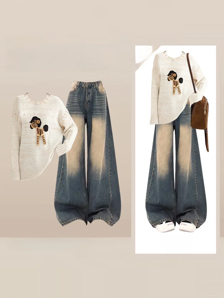 

Retro Cartoon Knitted Sweater High Waist Wide Leg Jeans Set Women's Loose Slimming Two Piece Set Winter Fashion Ensemble