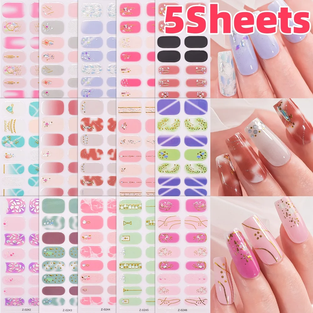 Autocollants pour ongles couleur Dopamine, 5 feuilles (80 pointes), sans cuisson, feuille/lignes 3D,