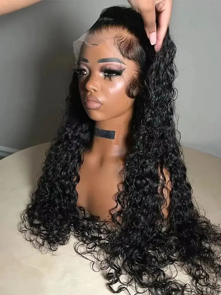 

Black Curly Wigs 13x4 HD Water Wave Frontal Wig Synthetic Glueless Seamless Invisible Hairline Beginner Friendly 32 Inch