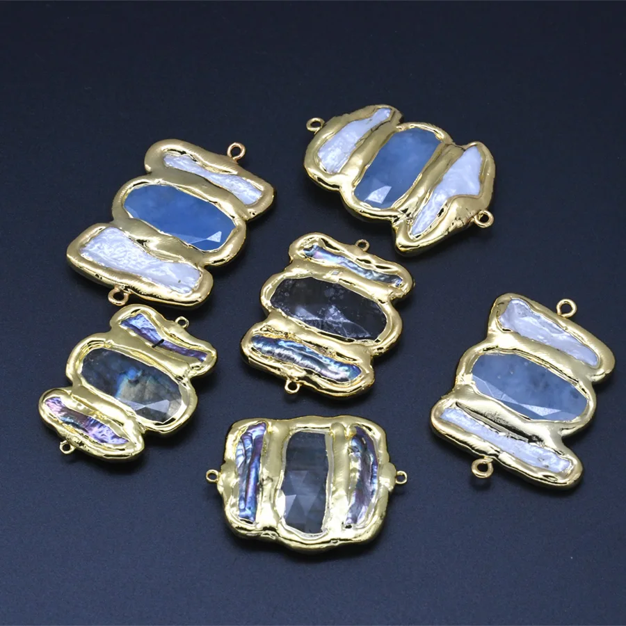 

10pcs Mixed Color Natural Freshwater Pearl Labradorite Aquamarine 24k Gold Plating DIY Jewelry Making Connectors Pendant