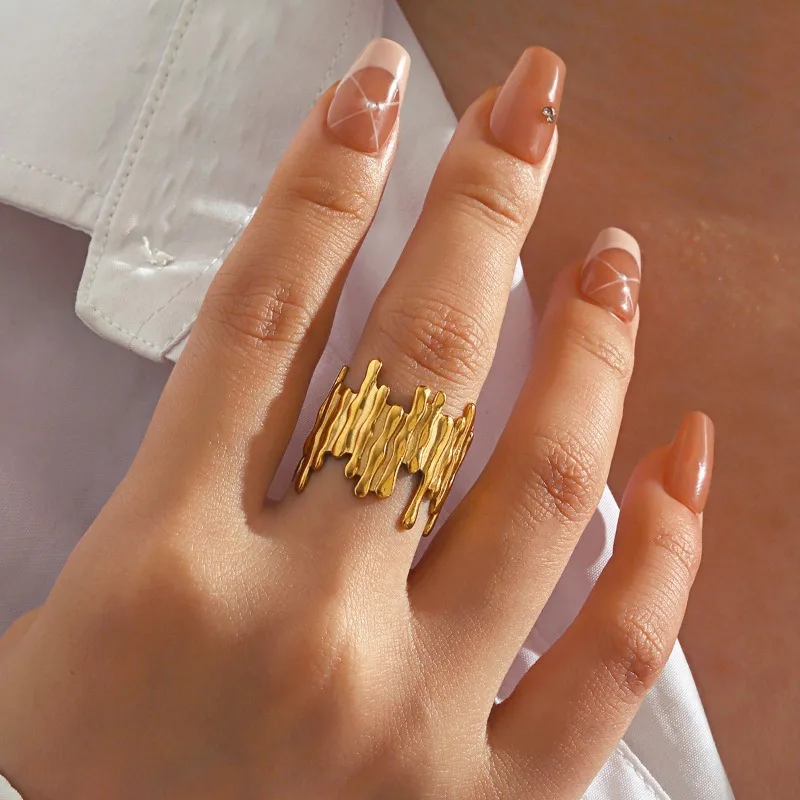 Popular Fashion Personality  Dark Style Irregular Bark Open Ring Styleasymmetrical  Simple Generous  Versatile Decoration Ring