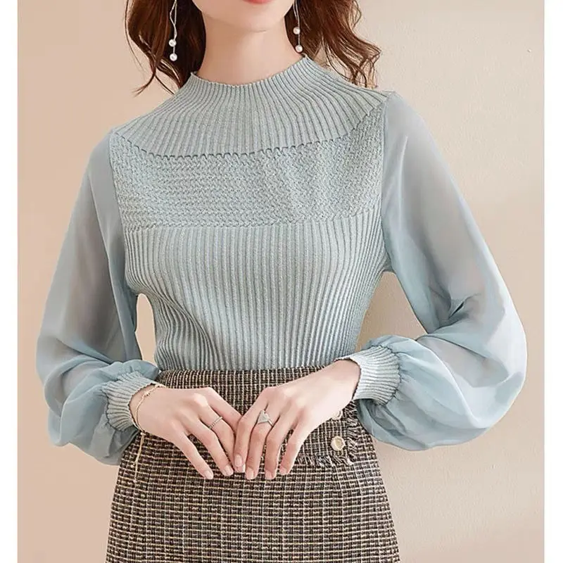 Elegant Stand Collar Spliced Bright Silk Gauze Blouses Women\'s Clothing 2024 Spring New Loose All-match Tops Office Lady Shirts