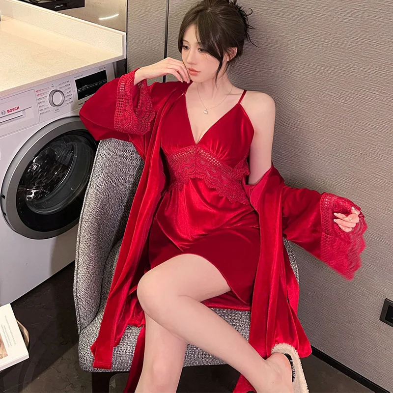 Sexy Lace Pyjamas New Velvet and Thick Coral Velvet Red Autumn and Winter Home Wear Comfortable To Wear Pajamas