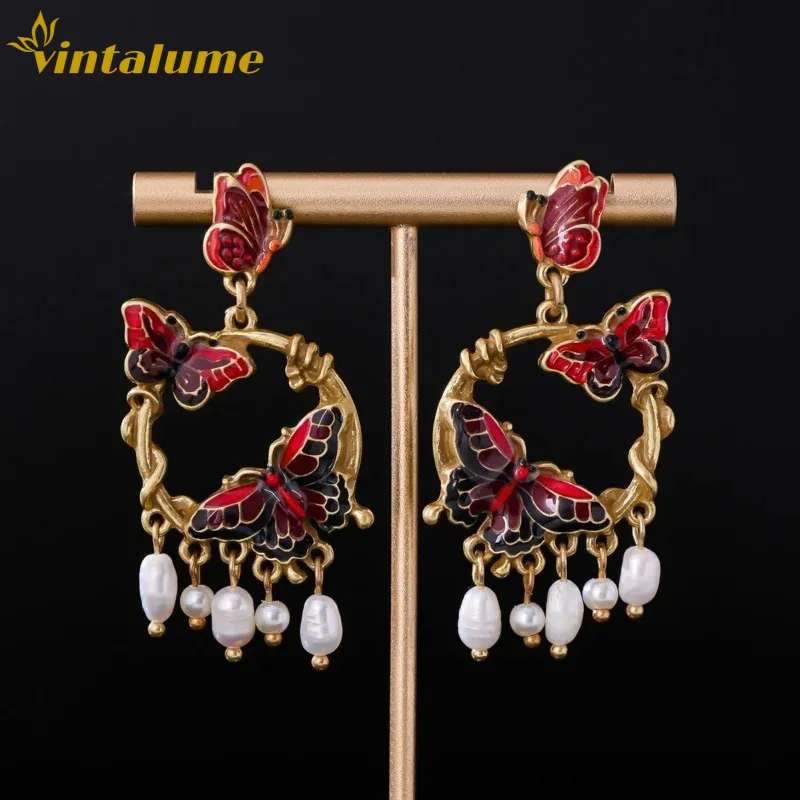 

Серьги-подвески Vintalume в винтажном стиле с цветной эмалью, бабочками, жемчугом и кисточками, женские модные украшения, изящные серьги, подарок