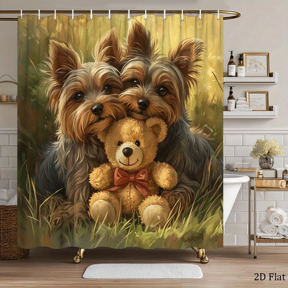 1pc Yorkshire Terrier Shower Curtain - 3 Adorable Dogs & Plush Teddy Bear with Red Bow, Affectionate Companionship Design, Durab
