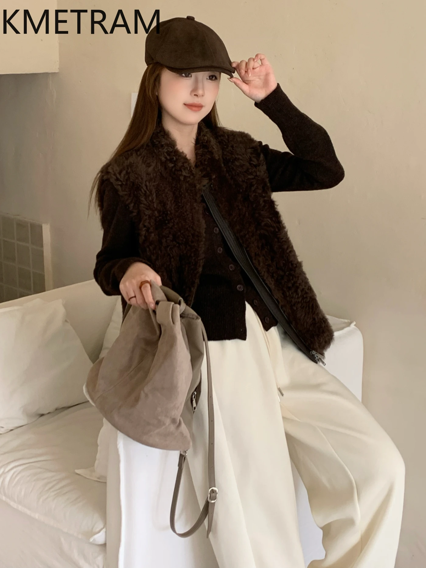KMETRAM 100% Lacon Pelle di pecora Lana Gilet di pelliccia Donna Breve High-End Giacca di lusso Autunno-Inverno Abbigliamento semplice 2025 vestes femmes