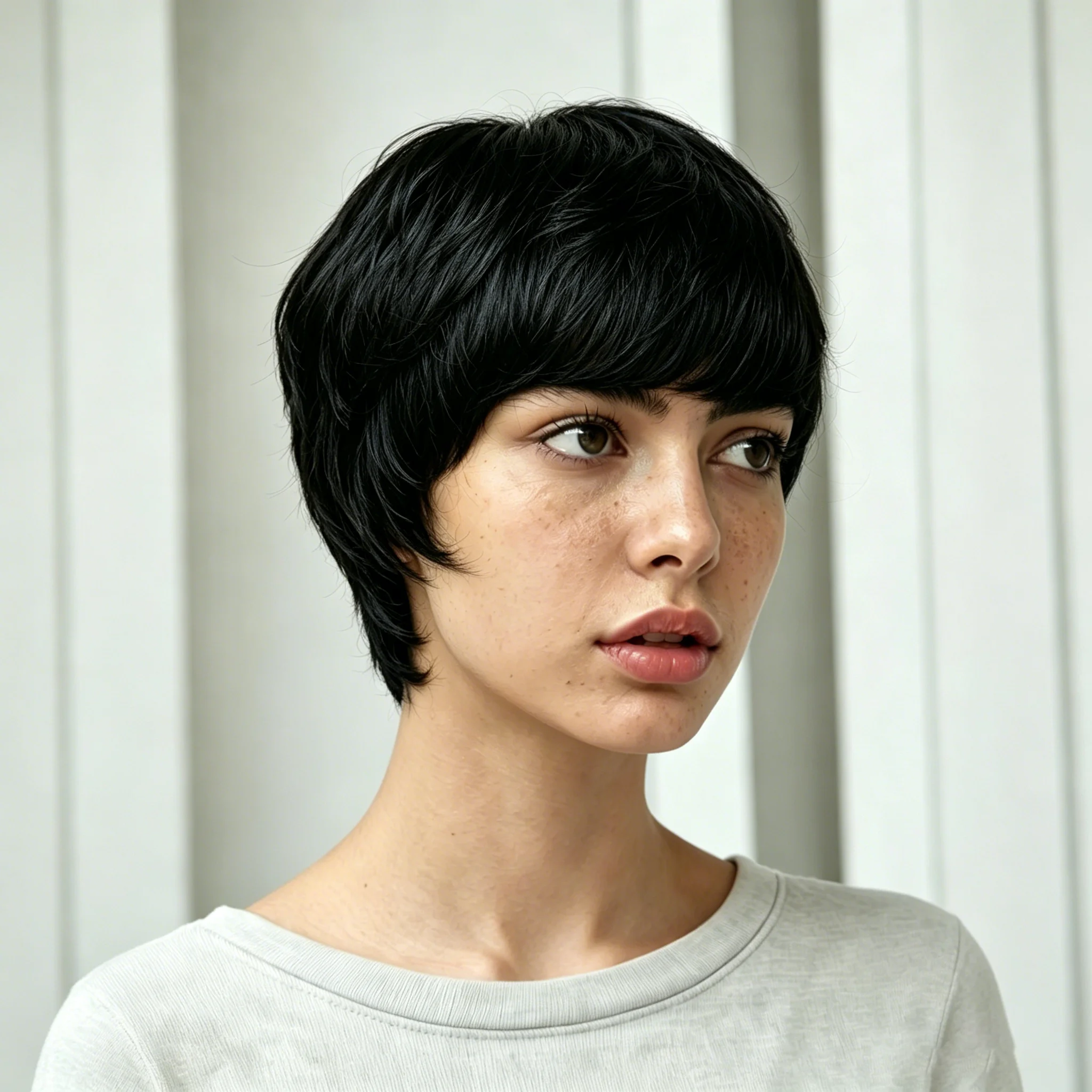 

Black Short Straight Layered Wig with Bangs Natural Looking 100% Human Hair Full Machine Made Sleek Pixie Cut Wig with Fringe