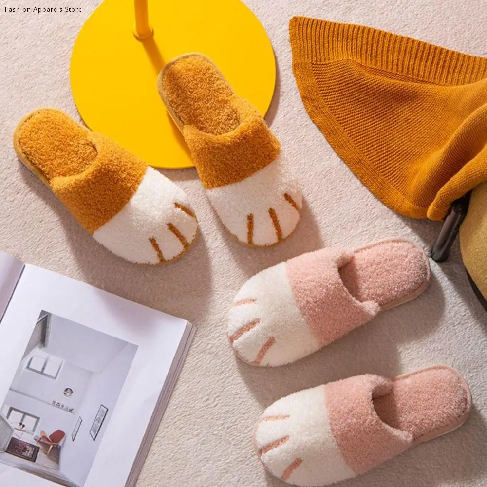 Zapatos Kitty Zapatillas de felpa con forma de pata de gato, zapatillas creativas suaves con garra de gato, suela gruesa, chanclas mullidas de invierno para mujer