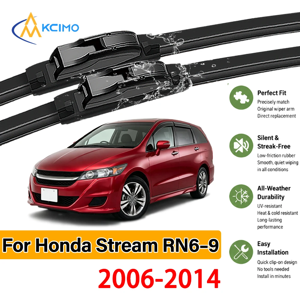 Long Lasting Sturdy Black Wiper Blades 2-Pack For Honda Stream RN6-9 2006-2014, Quick Install, Excellent Cleaning Performance