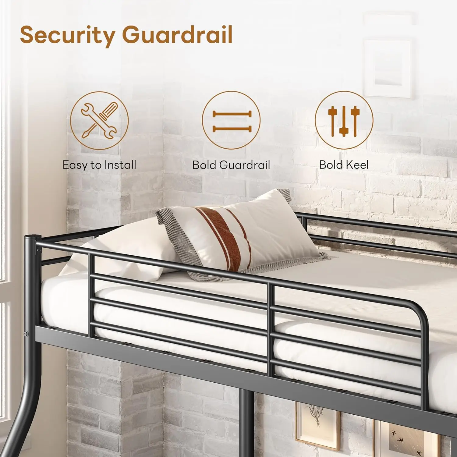 سرير معدني بطابقين مزدوج الحجم بالكامل مع سلم ودرابزين، إطار سرير معدني للمراهقين والكبار، موفر للمساحة، لا حاجة إلى صندوق زنبركي