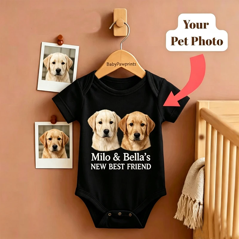 Custom Pet Portrait Baby Bodysuit, 3PCS SET Personalized Dog Cat Picture Onesie with Name, Organic Cotton Romper for 0-24M Baby
