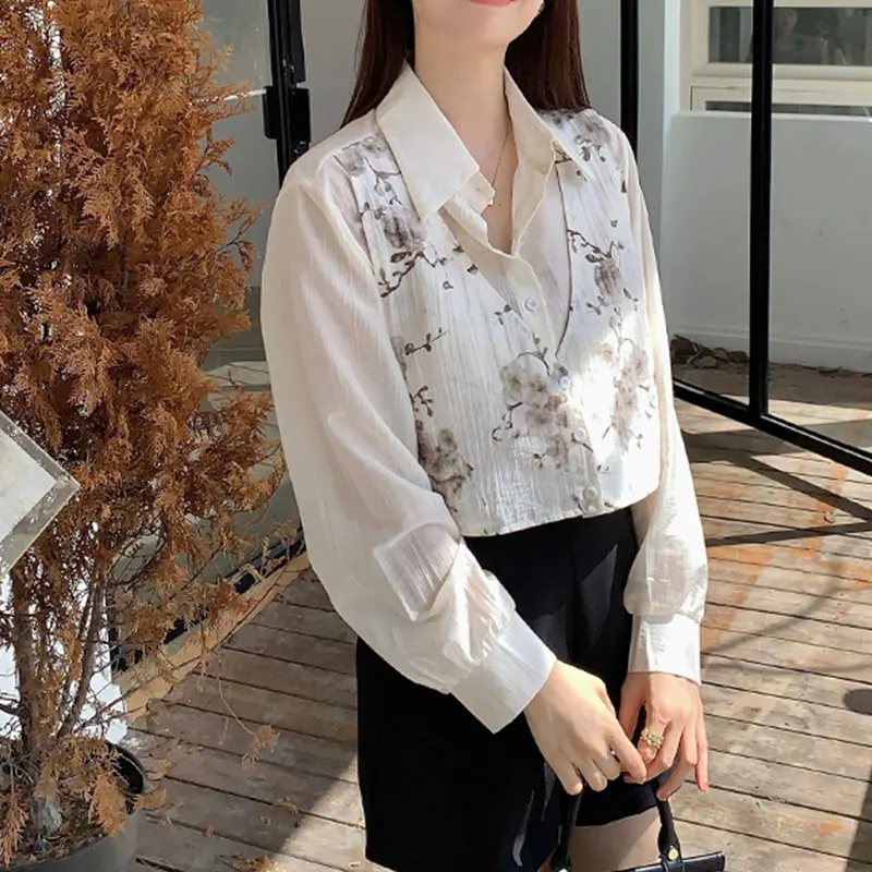 Elegant Fashion Harajuku Slim Fit Female Clothes Loose Casual All Match Tops Polo Neck Button Long Sleeve Blusa Fake Two Pieces