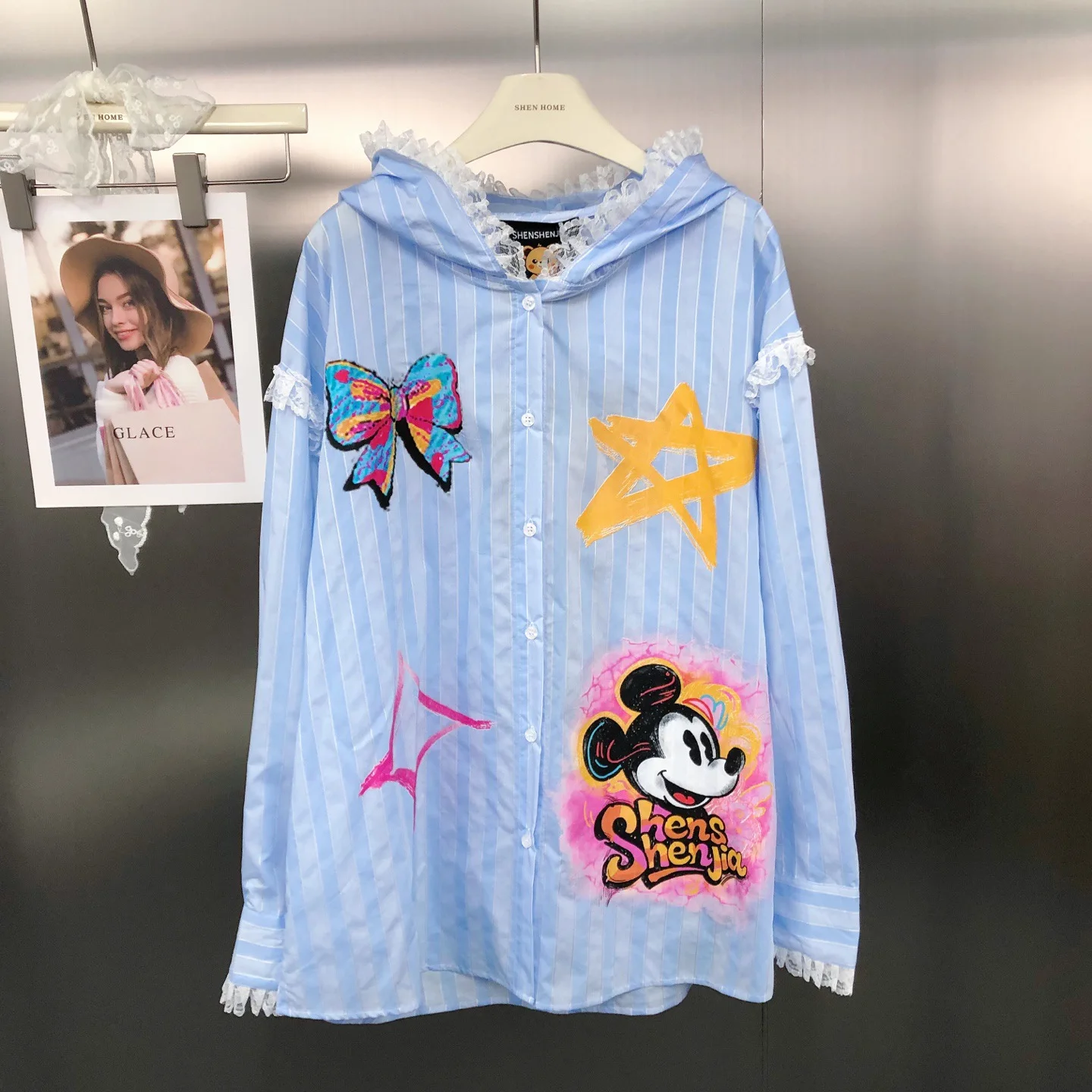 Korean Style Striped Loose Lace Hooded Shirt Ins Front and Back Printed Cartoon Long Sleeve Shirt for Women Anime Hoodie