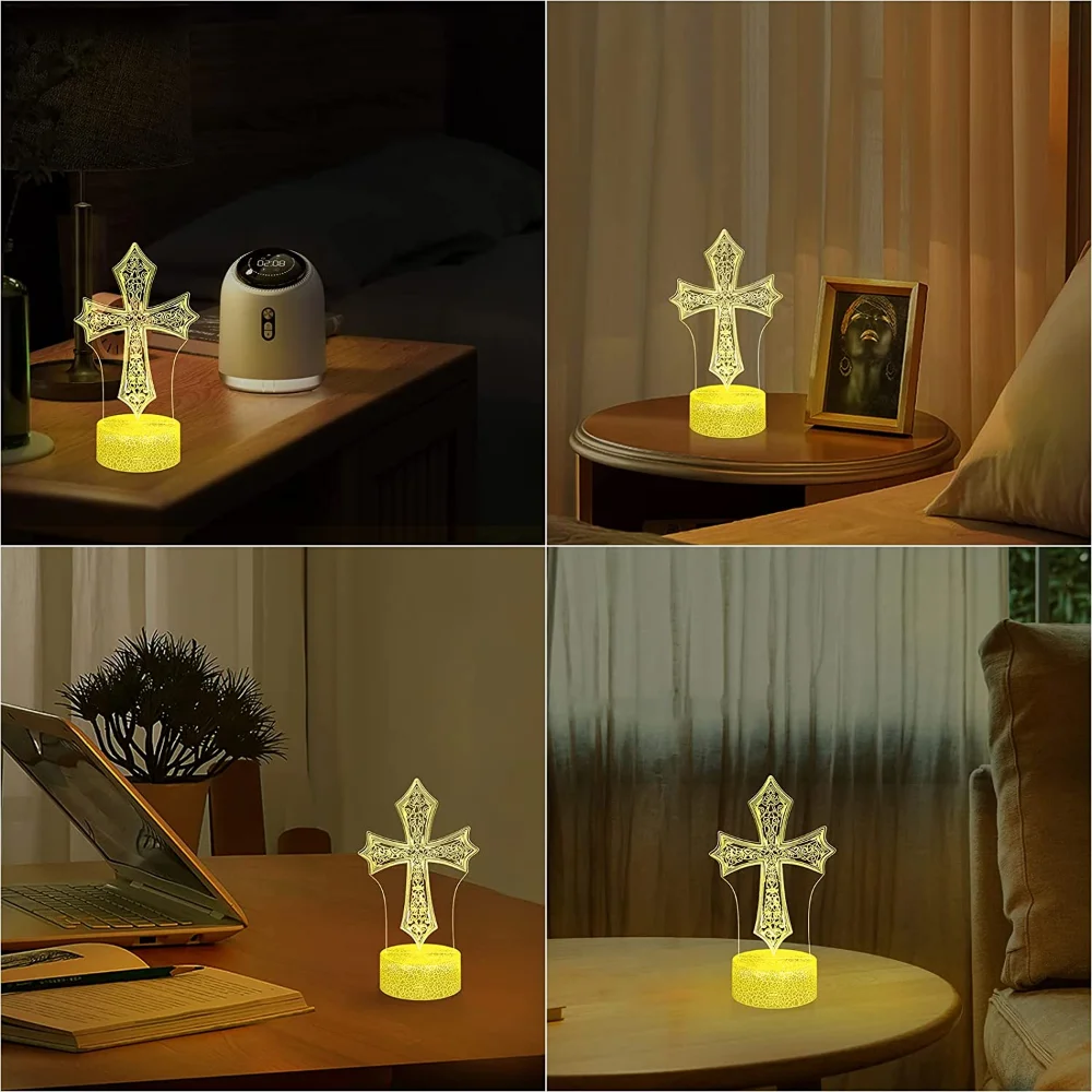 Nighdn Jesus Cross Night Light chrześcijańskie 3D lampa złudzenie optyczne ściemniane lampki nocne urodzinowe wielkanocne prezenty dla chłopców dziewcząt