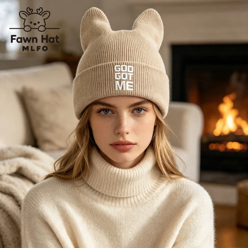 Stylish Adult Cat Ear Knit Beanie, God Got Me Letter Embroidery, For Faith‑themed Events Daily Street Holiday Outing