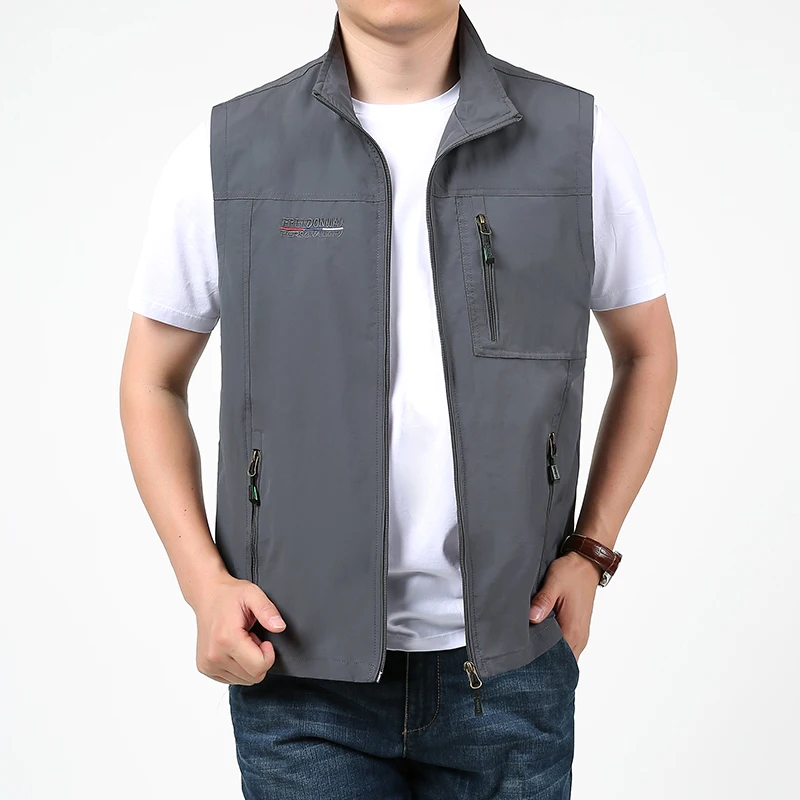 Vestes en fibre de plein air pour hommes, vêtements de sport décontractés, col montant, fermeture éclair, mode estivale, poches, épissé, gilets droits