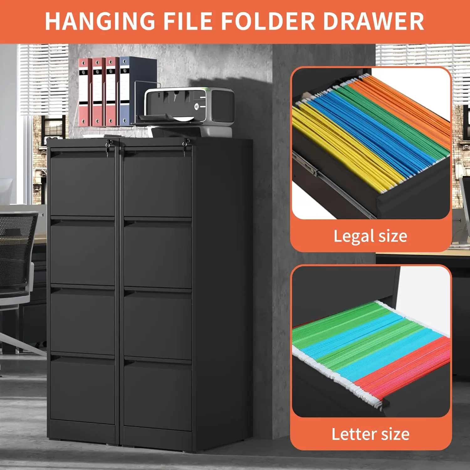 4 Drawer File Cabinet,Metal Filing Cabinets with Lock,Black Vertical File Cabinet for Home Office,Heavy Duty Metal Storage