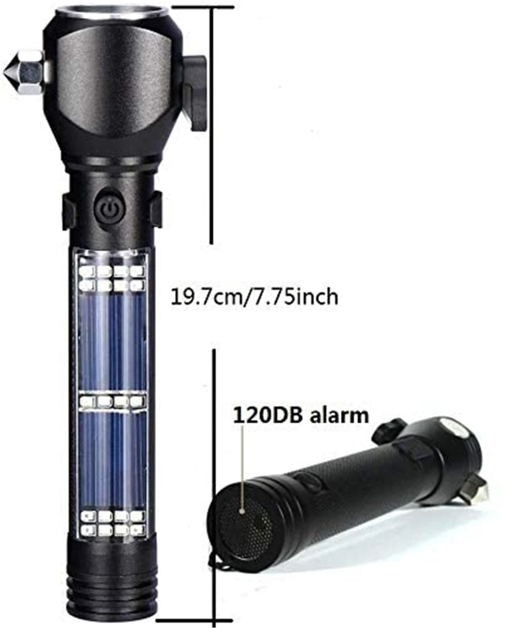 Portable Solar Powered LED USB Flashlight Safety Hammer Torch Light With Power Bank Magnet Survival Emergency Light