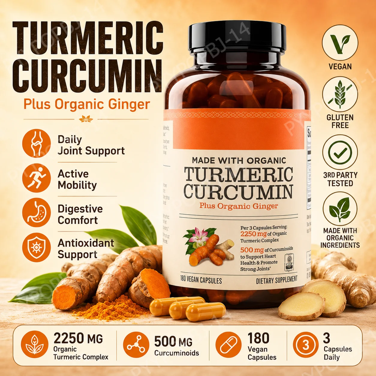 

Organic Turmeric Curcumin Ginger Capsules with Black Pepper Extract Digestive Antioxidant Support 90 Vegan Capsules