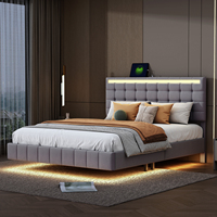 Upholstered Bed 160 x 200 cm Double Bed, Floating Bed with LED Lighting and 2 USB, Bed Frame with Slatted Frame, Flat Double Bed