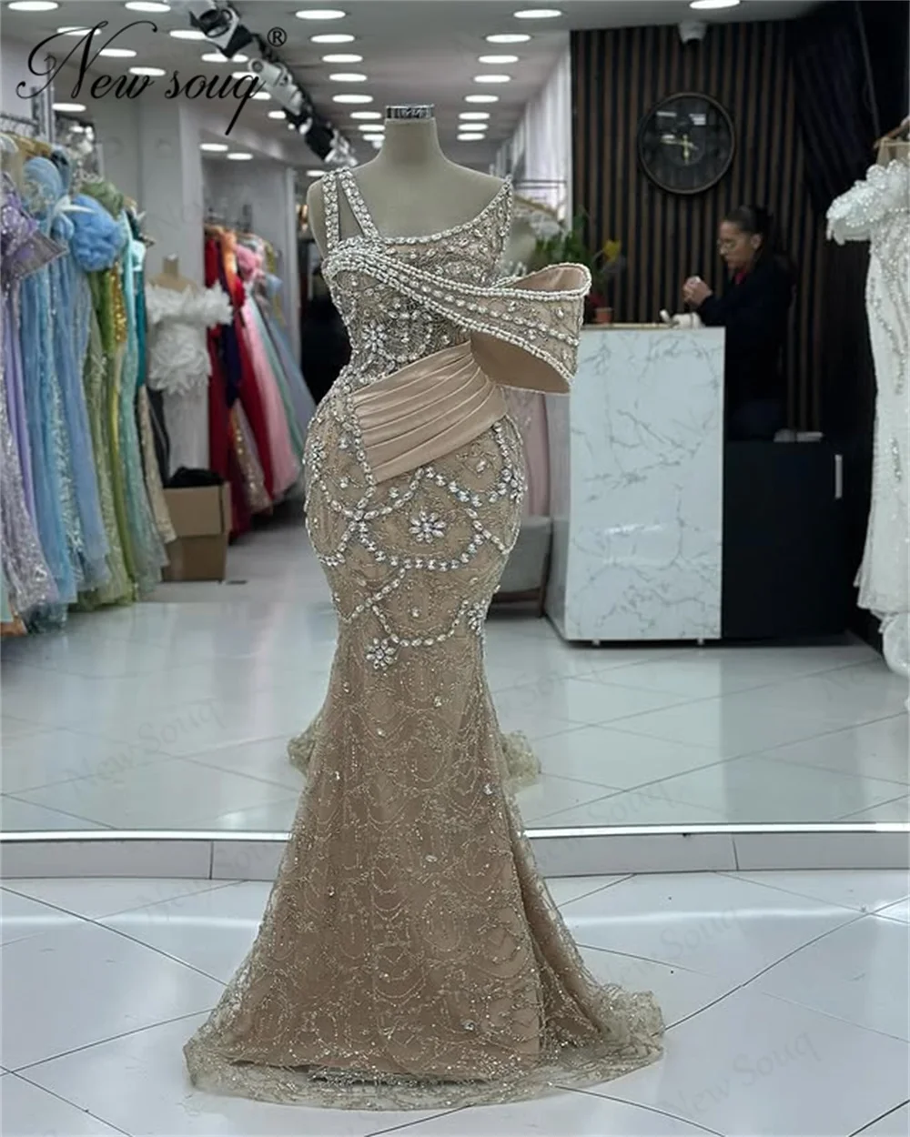 

Customized Champagne Beaded Prom Dresses Elegant 2025 Arabic Dubai Mermaid Evening Dress For Women Bride Engagement Party Gowns