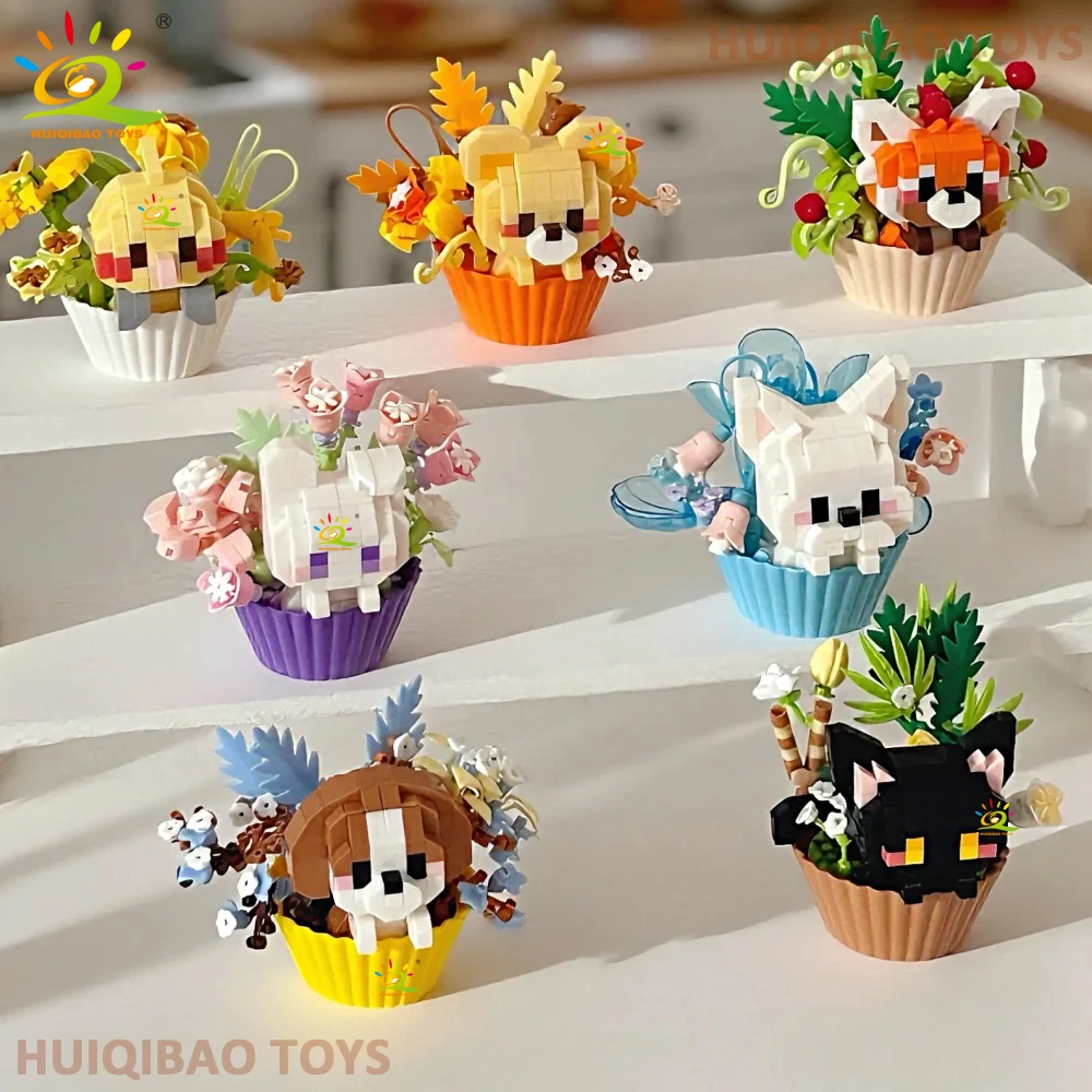 HUIQIBAO Cartoon-Tier-Cupcake-Topf Mikro-Baustein-Set Fuchs Welpen Katze Haustier Blumenstrauß DIY-Bausteine Tischdeko Spielzeug – Detail 5
