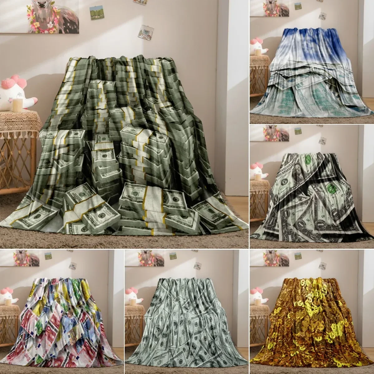 100 Dollar Bill Money Throw Blanket for Couch Sofa Bed Plush Throw Fleece Blanket Soft Cozy Bedding for Kids Adults Room Bedroom